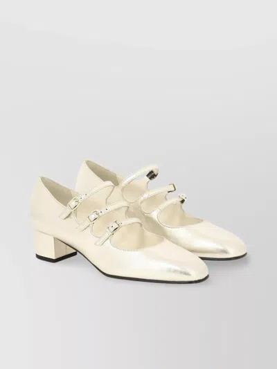 Carel Triple Strap Block Heel Pumps With Metallic Finish In White