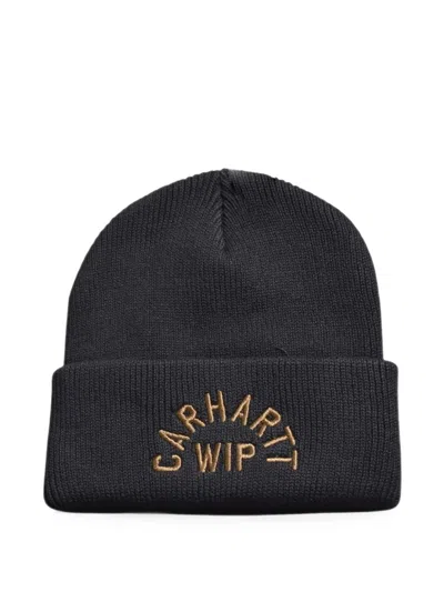 Carhartt Arch Script Logo-embroidered Ribbed-knit Beanie Hat In Black