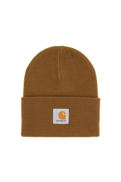 Carhartt Beanie Hat With Logo Patch In Marrone