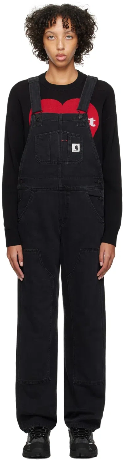 Carhartt Black Bib Double Knee Overalls In Black Stone Washed