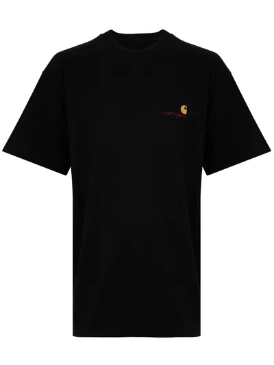 Carhartt Black Cotton T-shirt With Gold Embroidered Logo In Blue