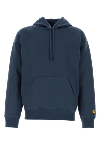 Carhartt Blue Cotton Blend Hooded Chase Sweat In Duskybluegold