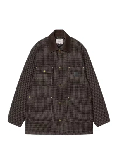 CARHARTT BROWN LOWIS HOUNDSTOOTH POLY-WOOL QUILTED CHORE COAT