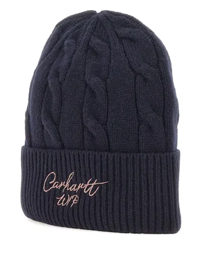 Carhartt Cable-knit Embroidered-detail Beanie In Blue