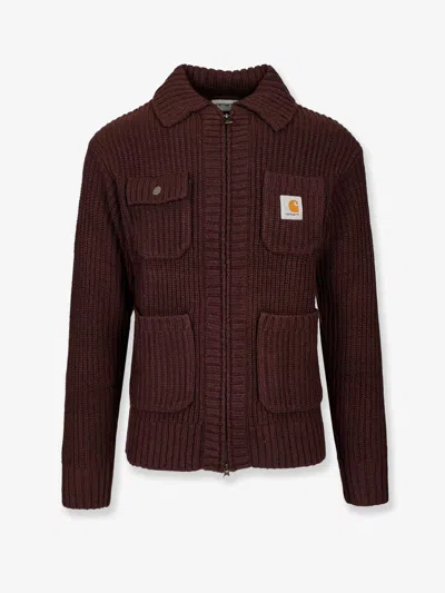 Carhartt Ip Mens Chore Logo-patch Knitted Wool-blend Cardigan Palisander In Brown