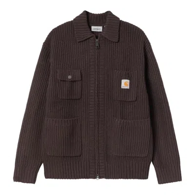 Carhartt Ip Mens Chore Logo-patch Knitted Wool-blend Cardigan Palisander In Brown