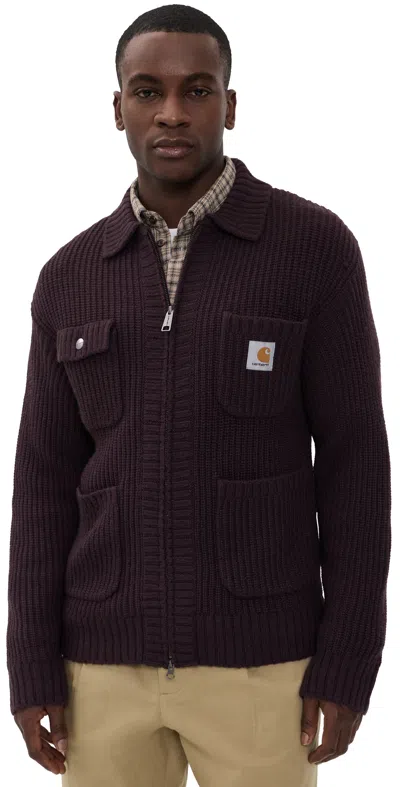 Carhartt Ip Mens Chore Logo-patch Knitted Wool-blend Cardigan Palisander In Brown