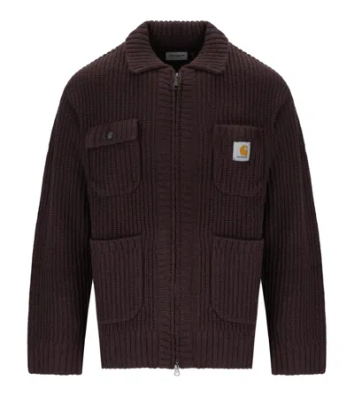 Carhartt Ip Mens Chore Logo-patch Knitted Wool-blend Cardigan Palisander In Brown
