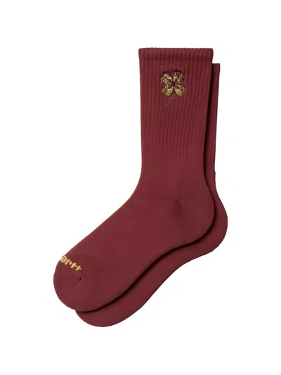 Carhartt Clover-embroidered Ribbed Socks In Burgundy