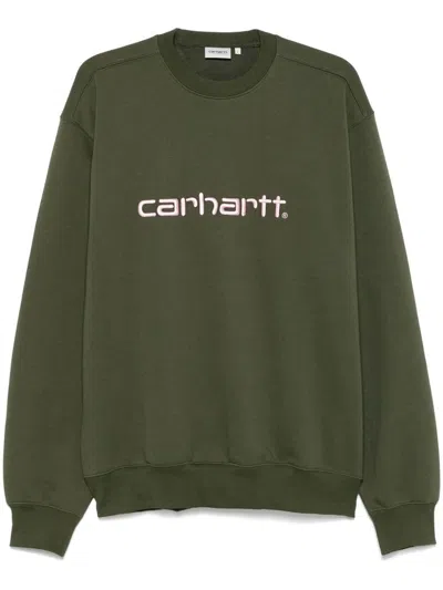 Carhartt Cotton Crewneck Sweatshirt In Military Green With Logo