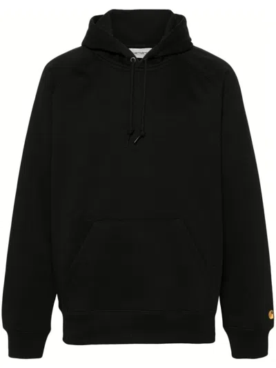 Carhartt Cotton Hoodie In Black With Embroidered Sleeve Logo