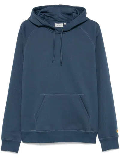 Carhartt Cotton Hoodie In Blue With Embroidered Sleeve Logo