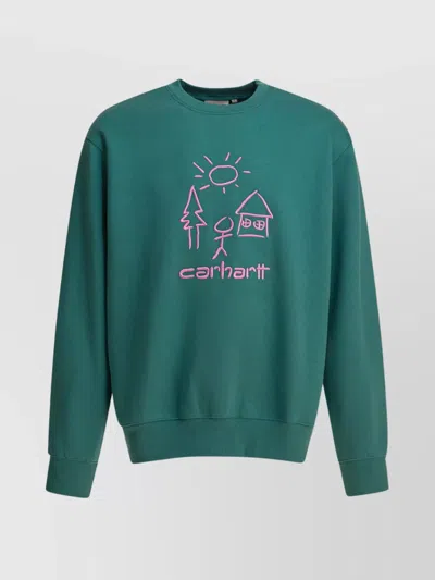 Carhartt Crew Neck Embroidered Design Sweaters In Green