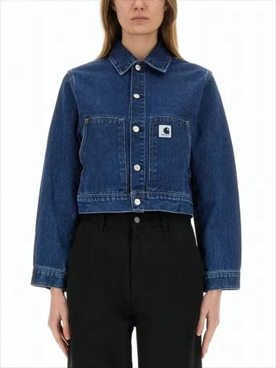 Carhartt Cropped Denim Jacket With Classic Collar In Blue