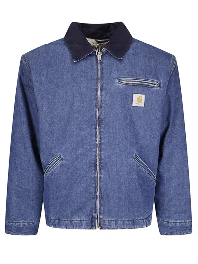 Carhartt Cropped Denim Jacket With Zip Closure And Contrasting Collar In Blue