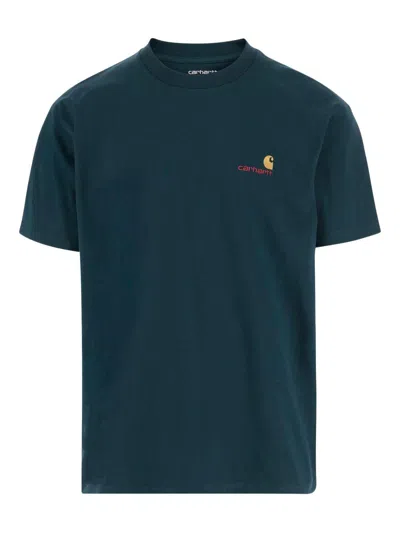 Carhartt Deep Lagoon Crew Neck T-shirt In Blue Cotton With Logo  Wip