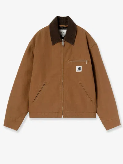 Carhartt Detroit Canvas Jacket With Front Logo Patch In Brown
