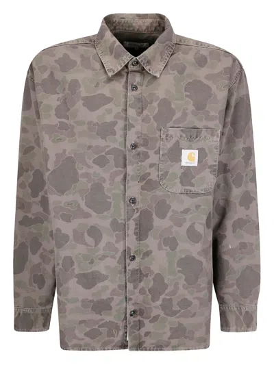 Carhartt Allover Camouflage Print Long Sleeve Shirt With Button-up Front In Gray