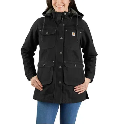Carhartt Field Jacket Women's Black Sherpa-lined Collar Hooded Snap Front Kfc483