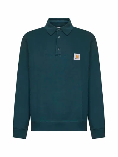 Carhartt Mens Dark Fir Logo-patch Long-sleeve Cotton Polo Sweatshirt In Green