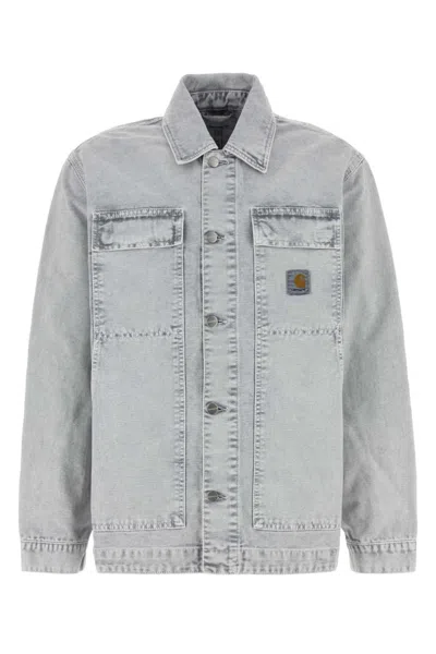 CARHARTT MEN GREY LOGO DENIM JACKET, L LUXURY JACKETS FOR MEN DARVEYS
