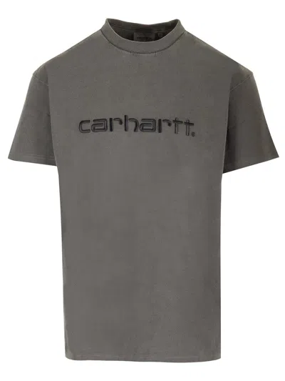 Carhartt Grey T-shirt With Embroidered Logo In Black