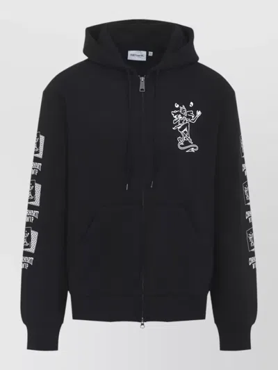 Carhartt Hooded Cotton Jacket Playing Cards Print In Black