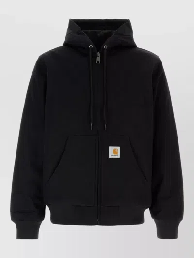 Carhartt Hooded Jacket Front Pockets Ribbed Cuffs Hem In Black