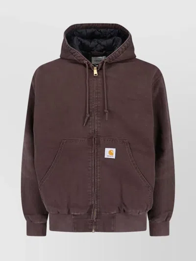 Carhartt Hooded Jacket With Ribbed Cuffs And Pockets In Brown