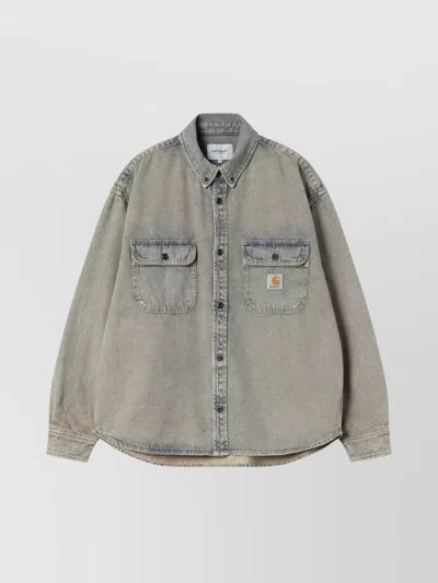 Carhartt Leather Shirt Jacket With Dual Chest Pockets In Gray