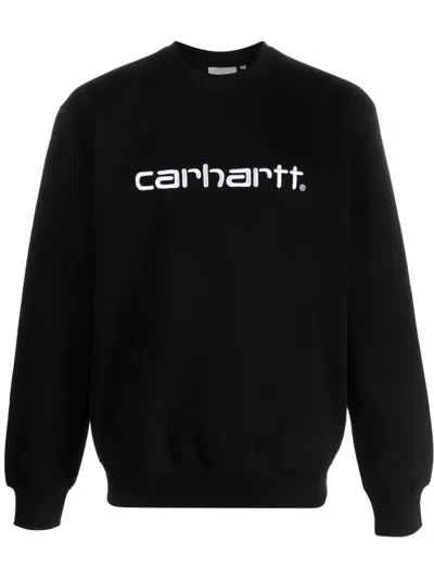 Carhartt Fleeced Cotton Crew-neck Sweatshirt With Embossed Logo In Black