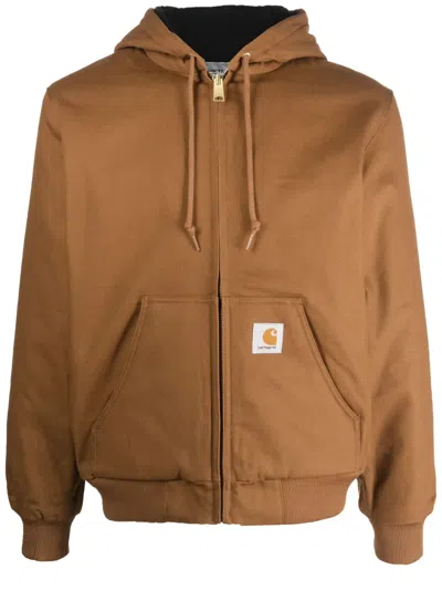 Carhartt Logo-patch Cotton Hooded Jacket In Brown
