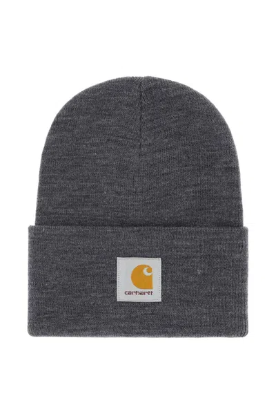 Carhartt Logo Patch Knitted Beanie In Grigio Scuro