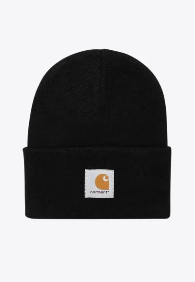 Carhartt Logo Patch Ribbed Beanie In Black