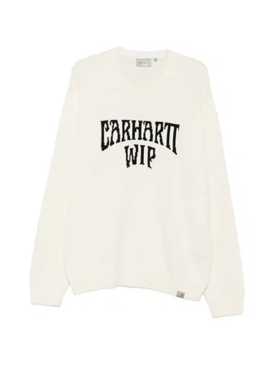 Carhartt Wip All-over Jacquard Logo Cotton Crewneck Jumper In Neutral
