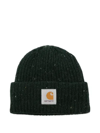 Carhartt Logo-patch Ribbed-knit Beanie Hat In Green