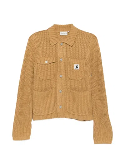 Carhartt Logo-patch Ribbed-knit Cardigan In Brown