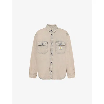 Carhartt Mens Blue / Leather Tigan Brand-patch Cotton Denim Shirt In Brown