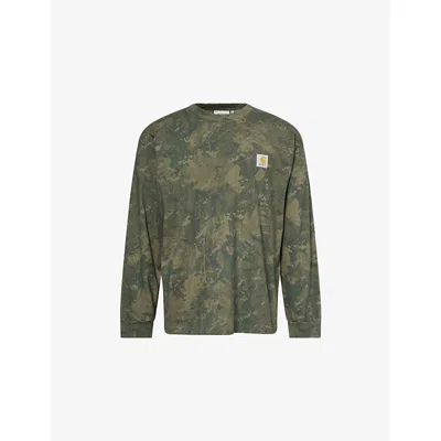 Carhartt Mens Camo Green Olive Camo Combi Long-sleeves Cotton-jersey T-shirt