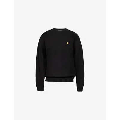 CARHARTT MENS BLACK / GOLD CHANE LOGO-EMBROIDERED KNITTED COTTON JUMPER