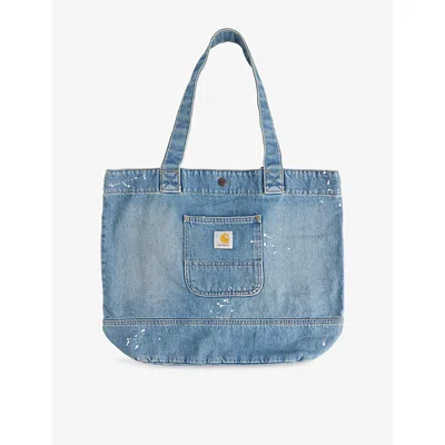 Carhartt Mens Blue Logo-patch Paint-splatter Denim Tote Bag