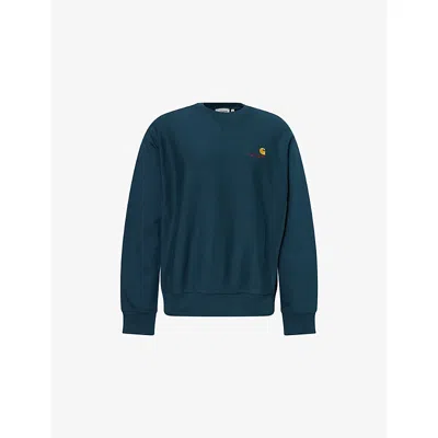 Carhartt Mens Deep Lagoon American Script Logo-embroidered Cotton Sweatshirt In Blue