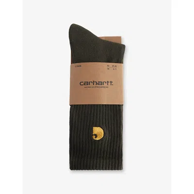 Carhartt Mens Olive / Gold Chase Logo Cotton-blend Socks In Brown