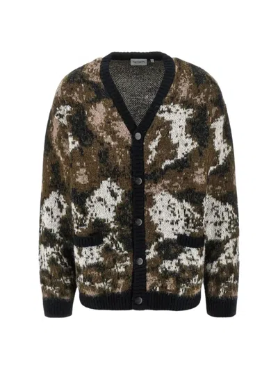 Carhartt Jacquard Cardigan With Wild Dog Motifs And Metal Buttons In Brown