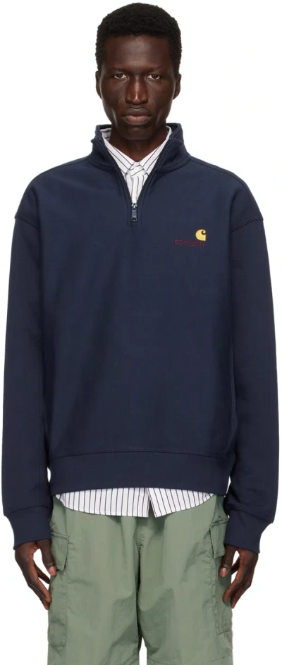 Carhartt Half Zip American Script Sweatshirt In Xx 29l Air Force Blu