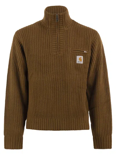 Carhartt Rib-knit Half-zip High Neck Jumper In Brown