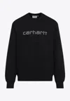 Carhartt Fleeced Cotton Crew-neck Sweatshirt With Embossed Logo In Black