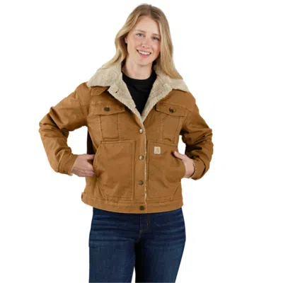 Carhartt Rugged Flex Trucker Jacket Women's Brown Sherpa Lined Loose Fit Posh187