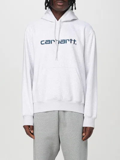 Carhartt Logo Embroidered Cotton Blend Hoodie In Mouse Grey