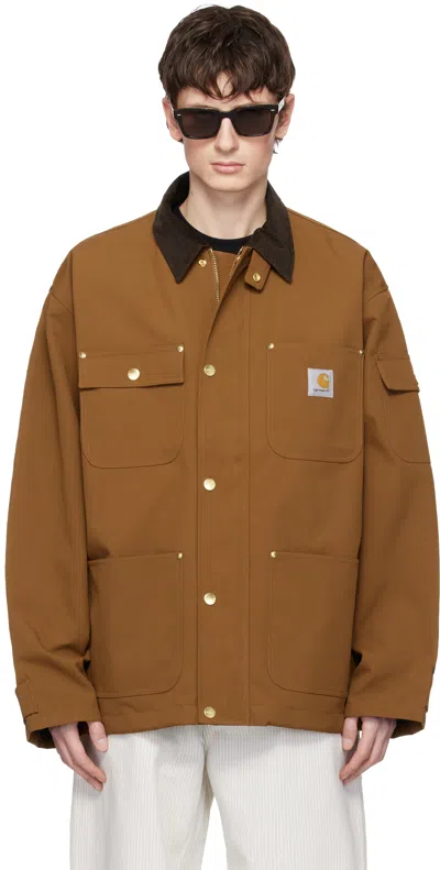 Carhartt Oversized Cotton Jacket With Ribbed Collar And Logo Detail In Brown